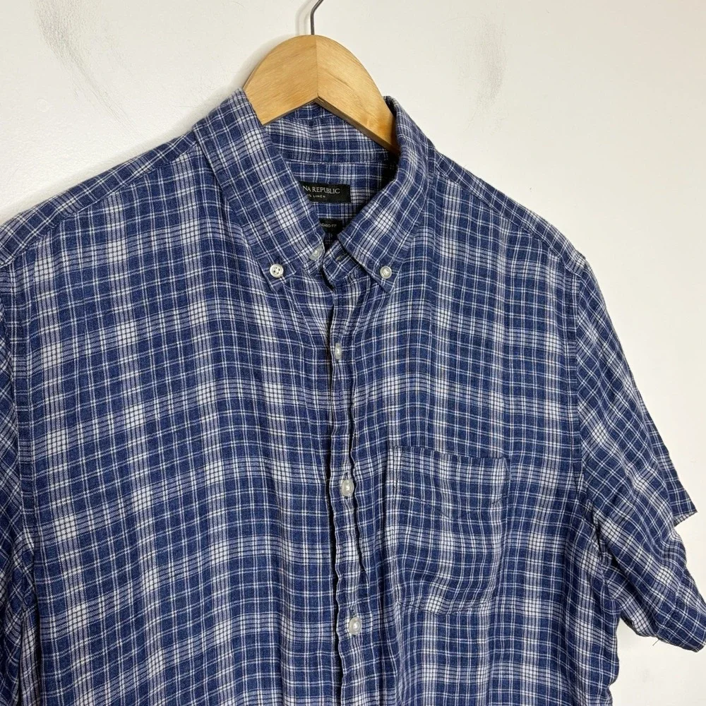 Banana Republic Camden Standard Fit Linen Short Sleeve Shirt Blue Plaid Mens M